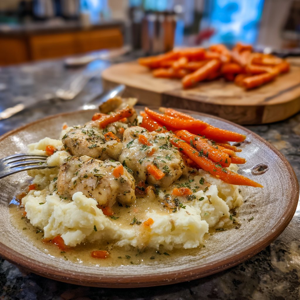 Creamy Herb Chicken with Mashed Potatoes and Glazed Carrots