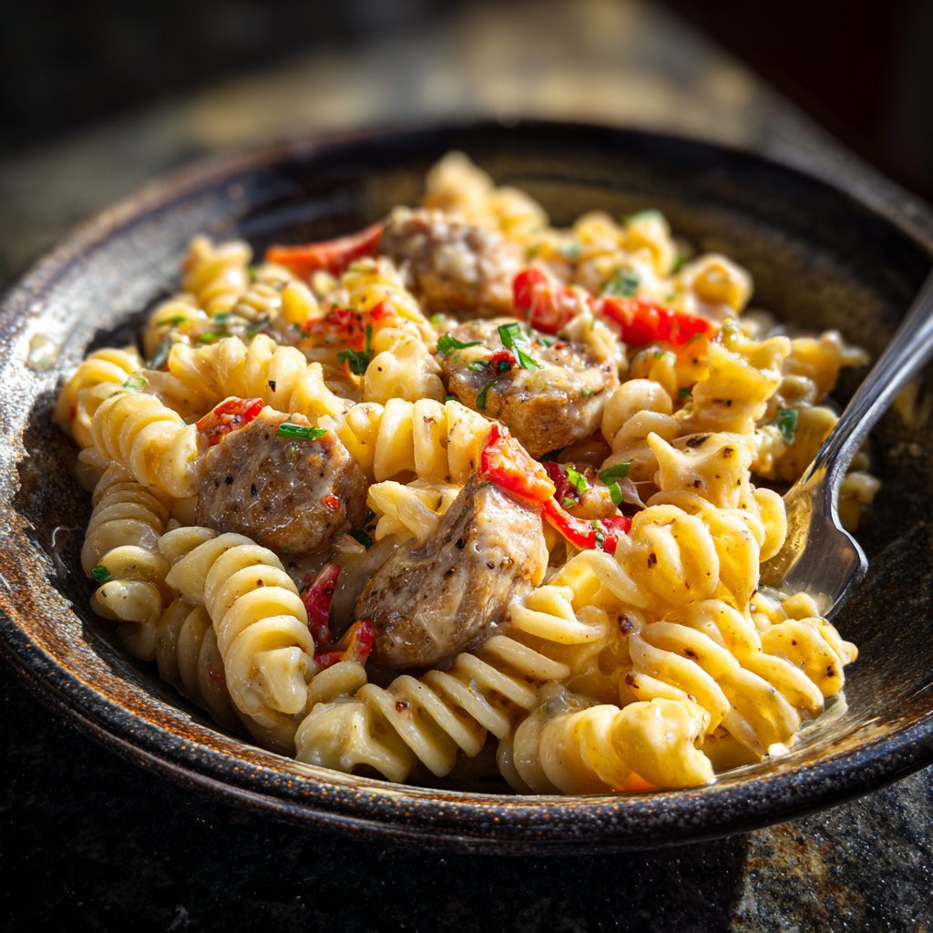 One Pot Cajun Sausage Pasta with Smoked Gouda