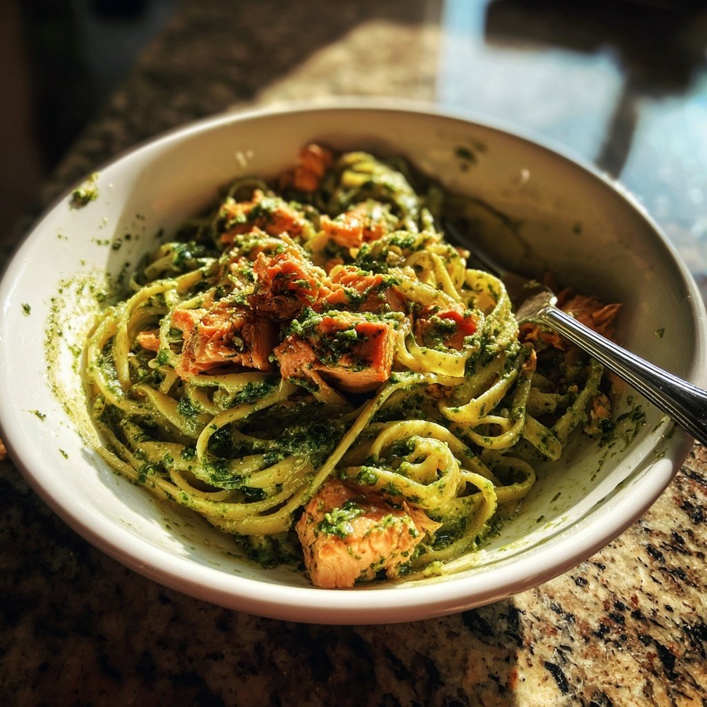 Salmon Pasta with Spinach Pesto